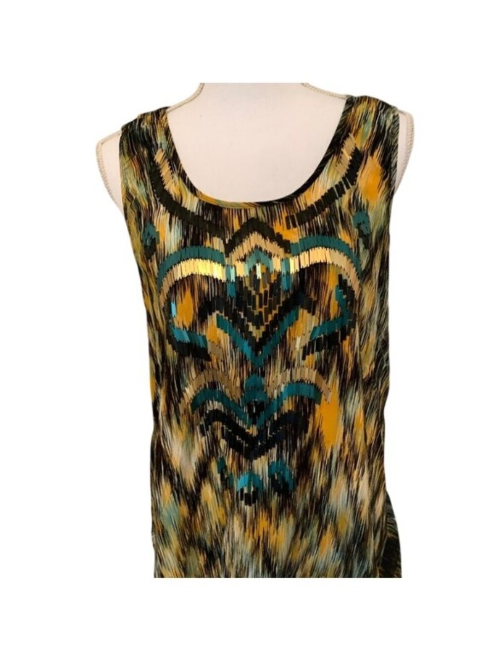 Sequined Sleeveless Printed Tunic Top With Open Back Detail By Greylin Size L